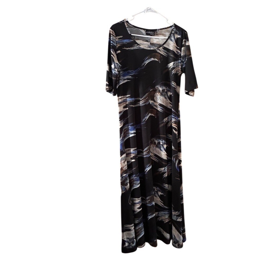 Attitudes by Renée Maxi Dress Womens Petite M Abstract Black Blue 3/4